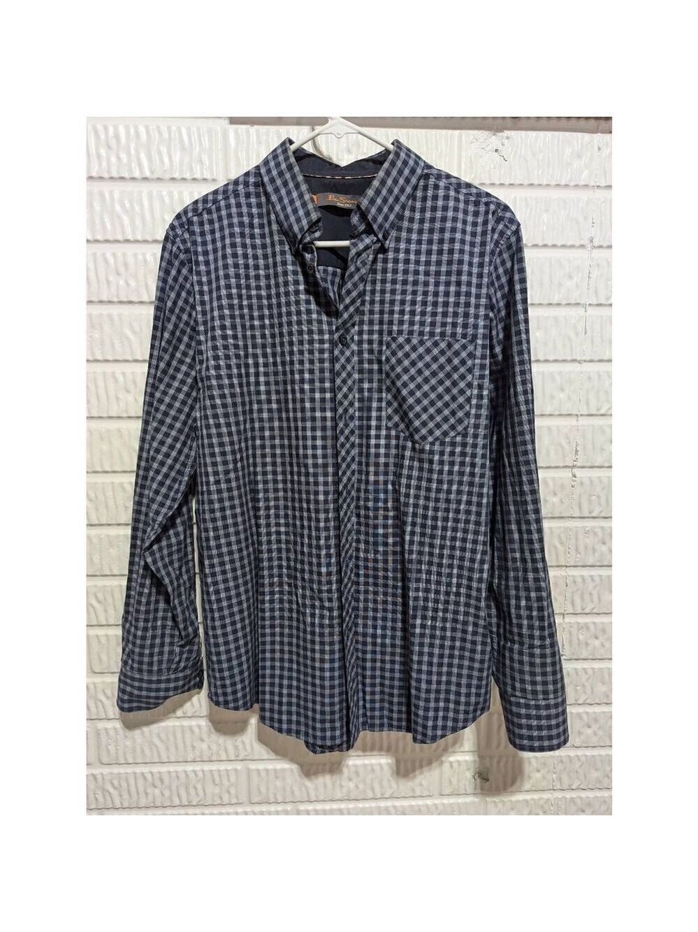 Ben Sherman Men's Blue Checked Cotton Long-Sleeve Button-Down Shirt Size M